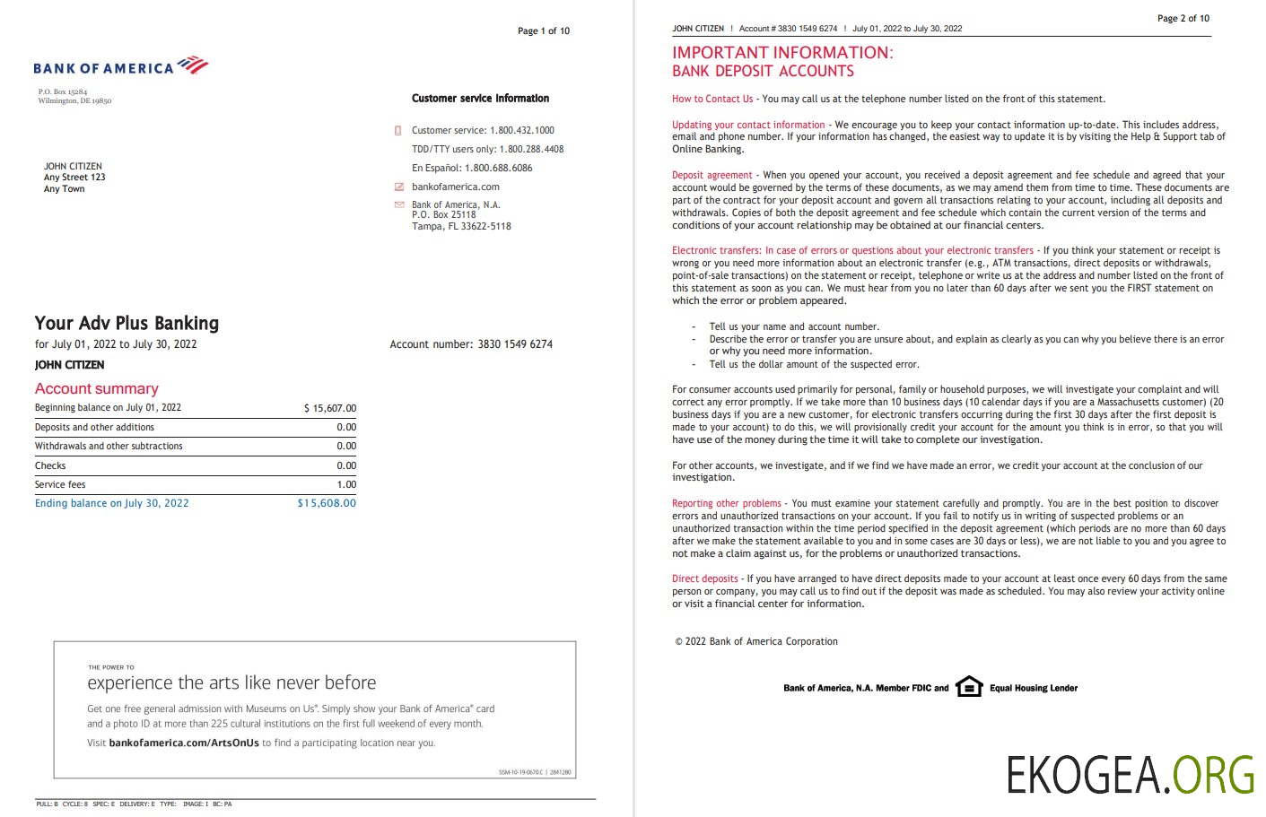 Modèle Word et PDF de relevé bancaire USA Bank of America (10 pages), version 5